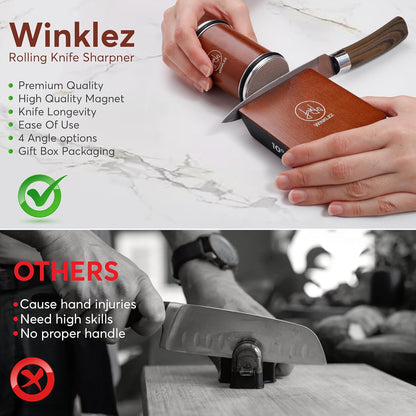 Rolling Knife Sharpener with Diamond and Ceramic Discs, Kitchen Knife Sharpener with 15° & 20° Magnetic Angles, Strong Knife Sharpening Kit (Brown)