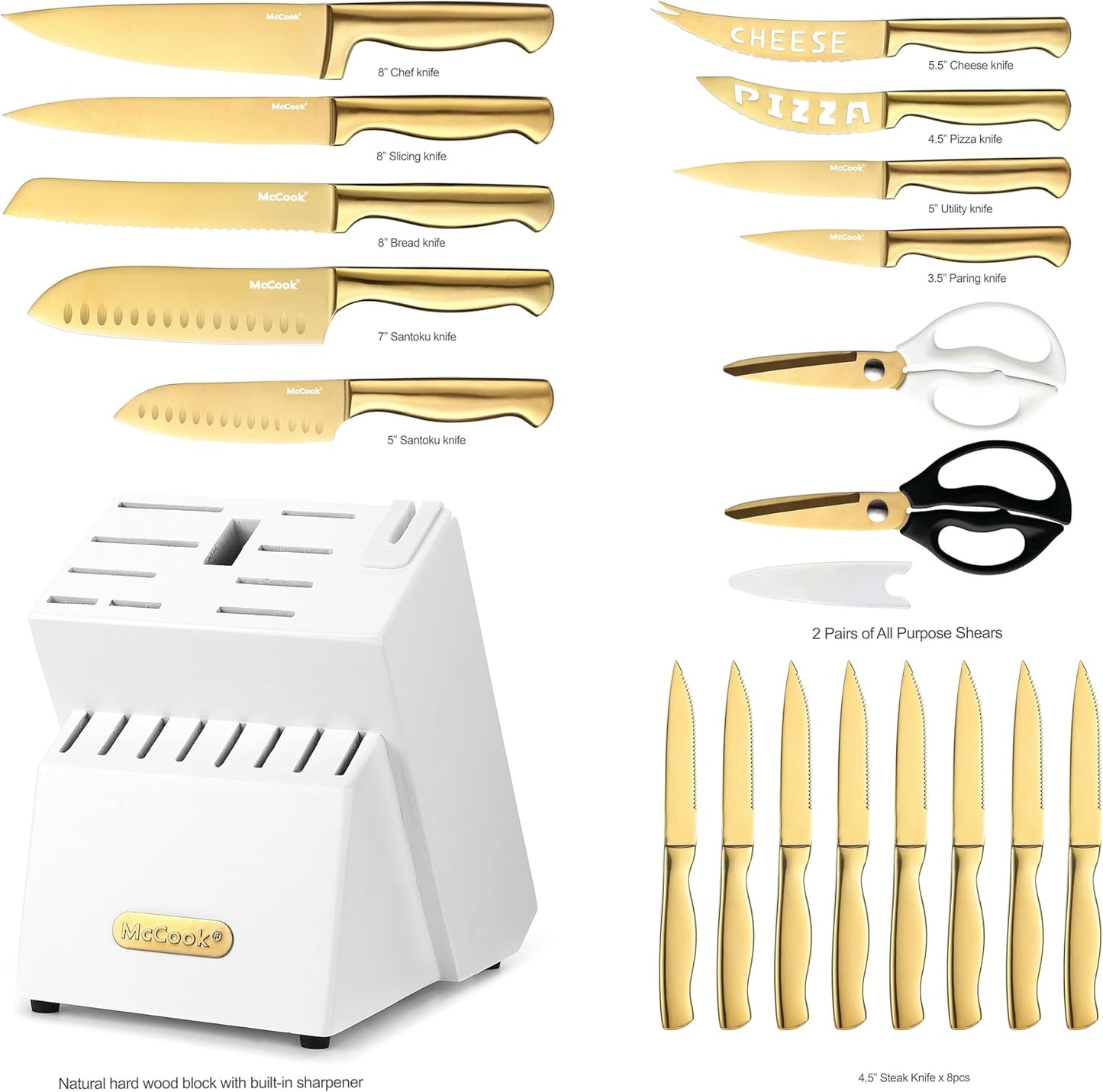 McCook® Knife Sets,German Stainless Steel Knife Block Sets with Built-in Sharpener