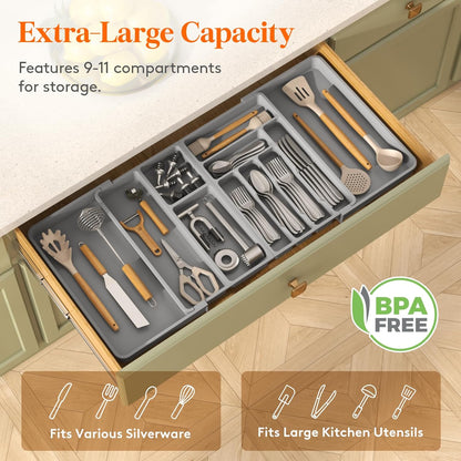 Lifewit Utensil Organizer for Kitchen Drawer, Expandable Cooking Silverware Tray, Adjustable Cutlery Flatware Holder, Plastic Spatula Tools Storage Divider, 14.4 x 15.8", Black