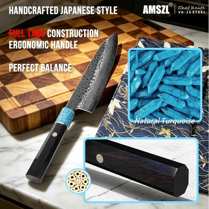 Japanese 8" Forged Chef Knife for Kitchen, Razor Sharp VG10 Steel Core with 5-Layer High Carbon Finish, Hammered Cracked Pattern, Ebony Handle with Turquoise (White)