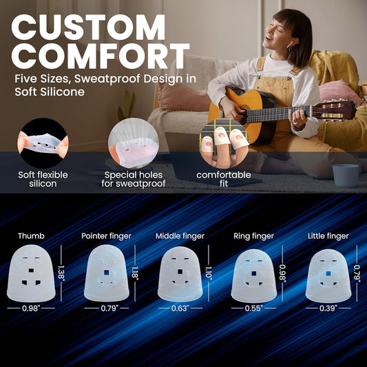 Guitar Finger Protector - Finger tips Guard 5 Sizes Thimble Finger Pads Grips Comfort Soft Silicone Ultimate Protection for Guitarists, Sorting Task Embroidery, Paperwork Carving, Sewing