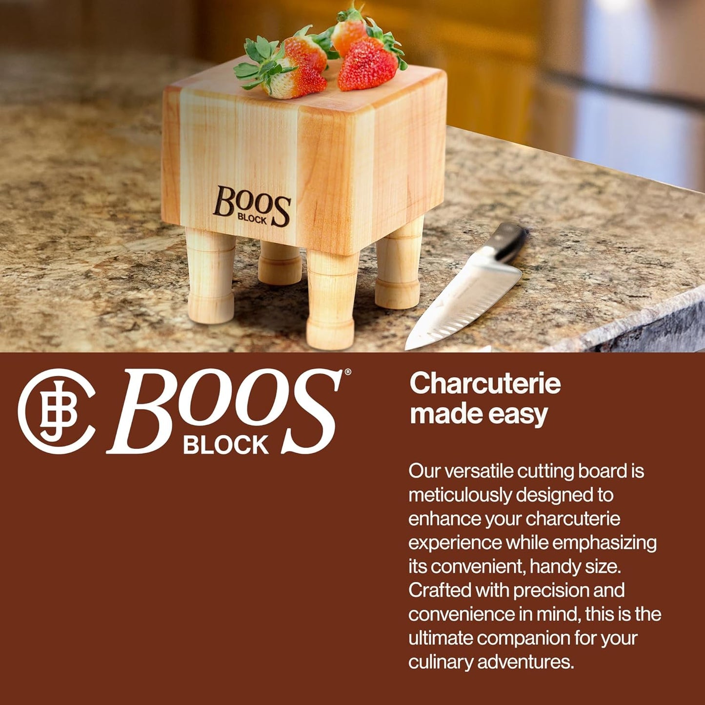 John Boos MC Series Square Wooden Maple Cutting Board 12”x12” – 3” Thick, 13-lb Non-Reversible Butcher Block with Raised Feet & End-Grain