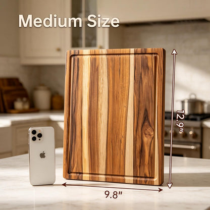 THETCHRY Teak Wood Cutting Boards for Kitchen, Wooden Cutting Board with Handles, Wooden Chopping Board with Juice Groove, Charcuterie Butcher Block for Meal Prep & Serving, 12.9" x 9.8"