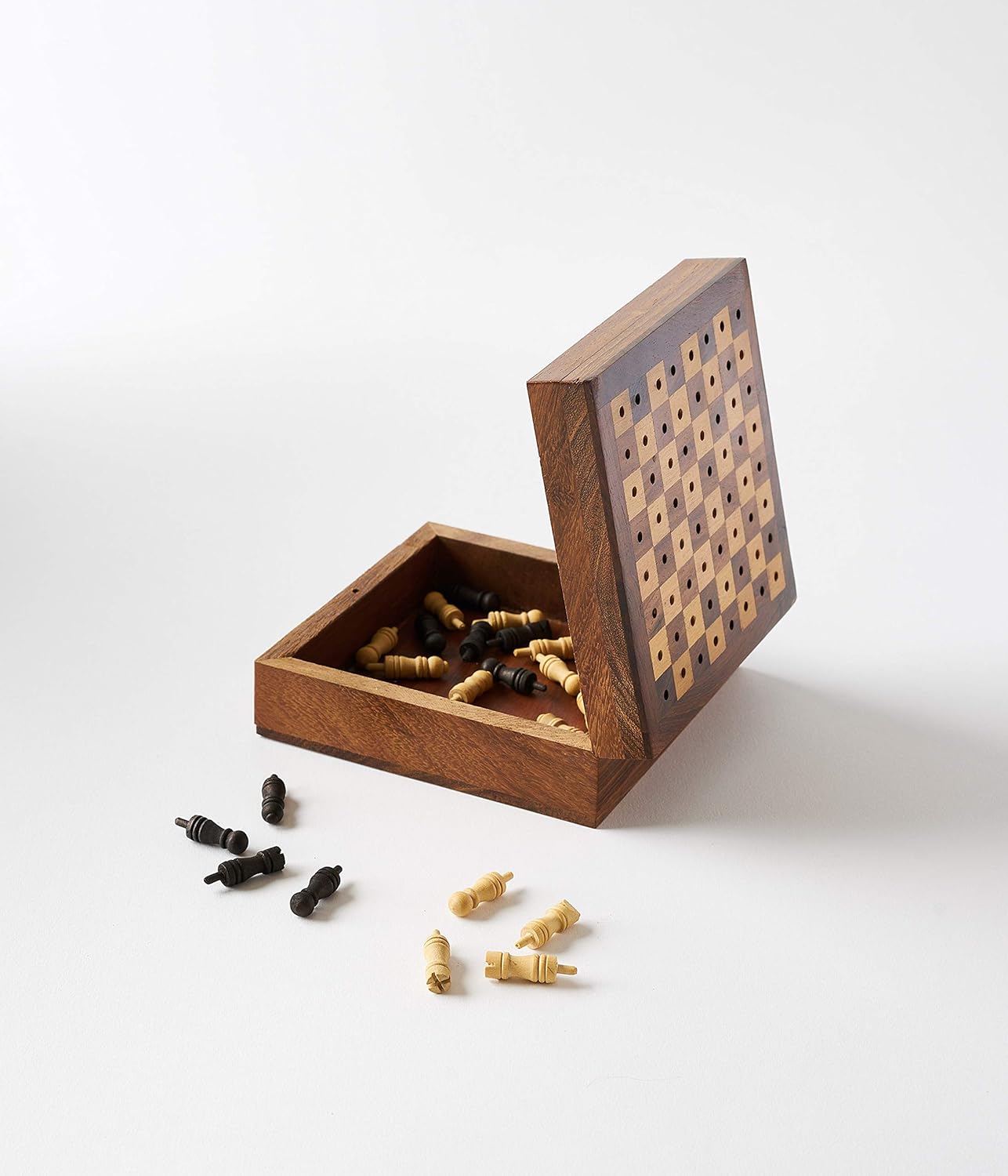 Matr Boomie, Small Mini Portable, Travel-Sized Hand Carved Solid Indian Rosewood, Wooden Peg Chess Board Game Set W/ Openable Storage for Pieces, for Adults