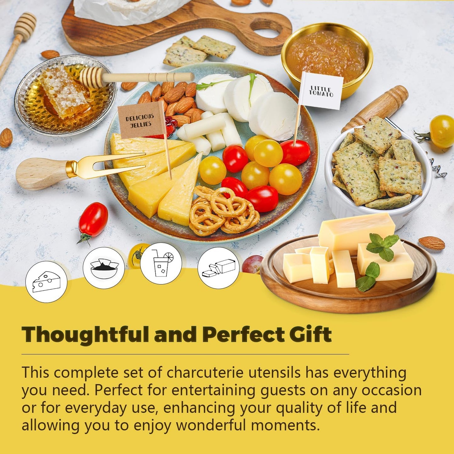 Charcuterie Boards Accessories Gold Charcuterie Utensils Cheese Butter Spreader Knife Set Small Serving Tongs Forks and Spoons Dipping Bowls Honey Dippers Toothpick Flags for Party Platter Making
