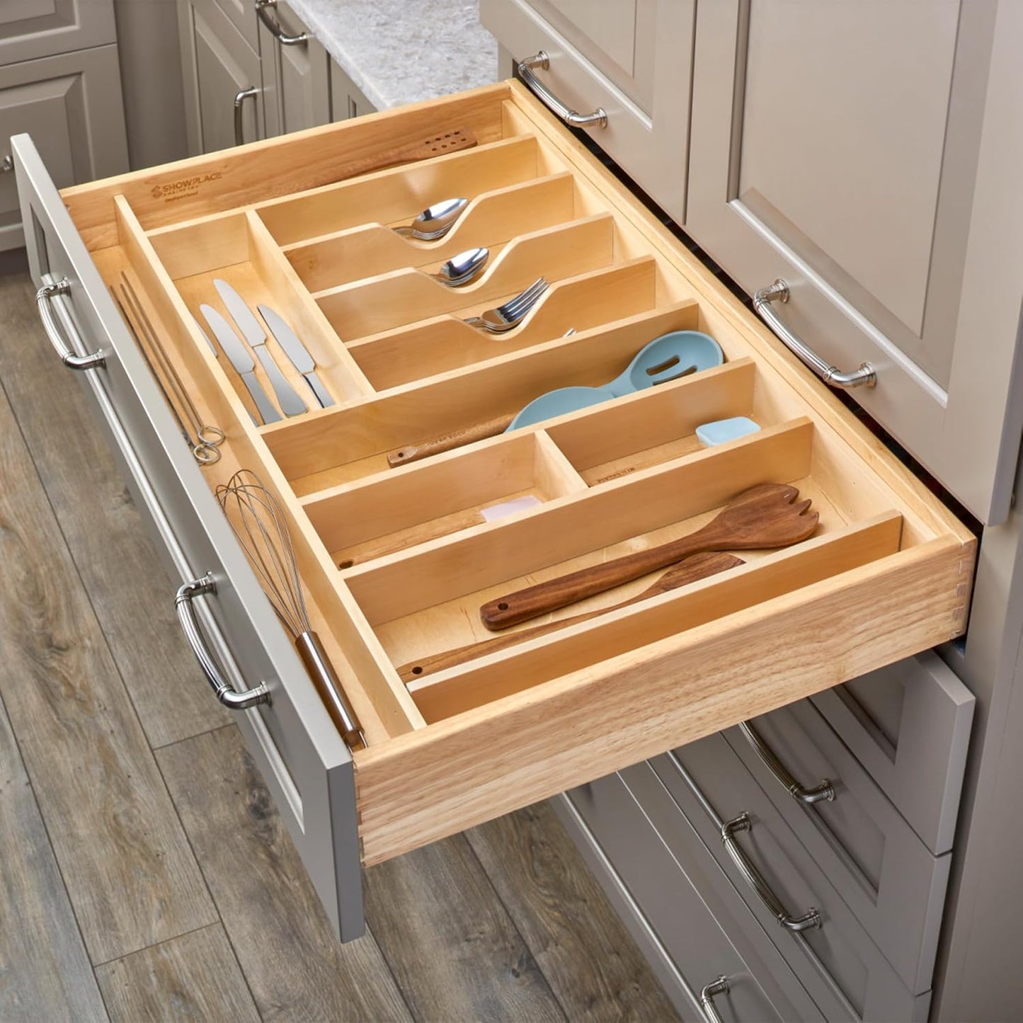 Rev-A-Shelf Trim-to-Custom-Fit Silverware Drawer Organizer For Kitchen Utensils, Cutlery Cabinet Storage Divider Insert, 33.11" x 21.97", Maple Wood, 4WUTCT-36SH-1