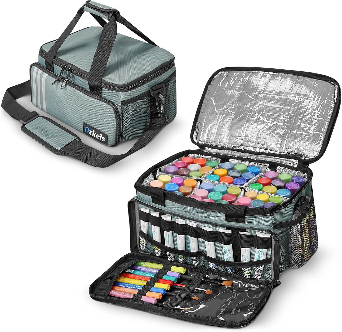 ORKELS Craft Paint and Marker Organizer, Acrylic Paint Storage Bag with Brush and Bottle Holders, Large Marker Carrying Case for Artists (Purple)