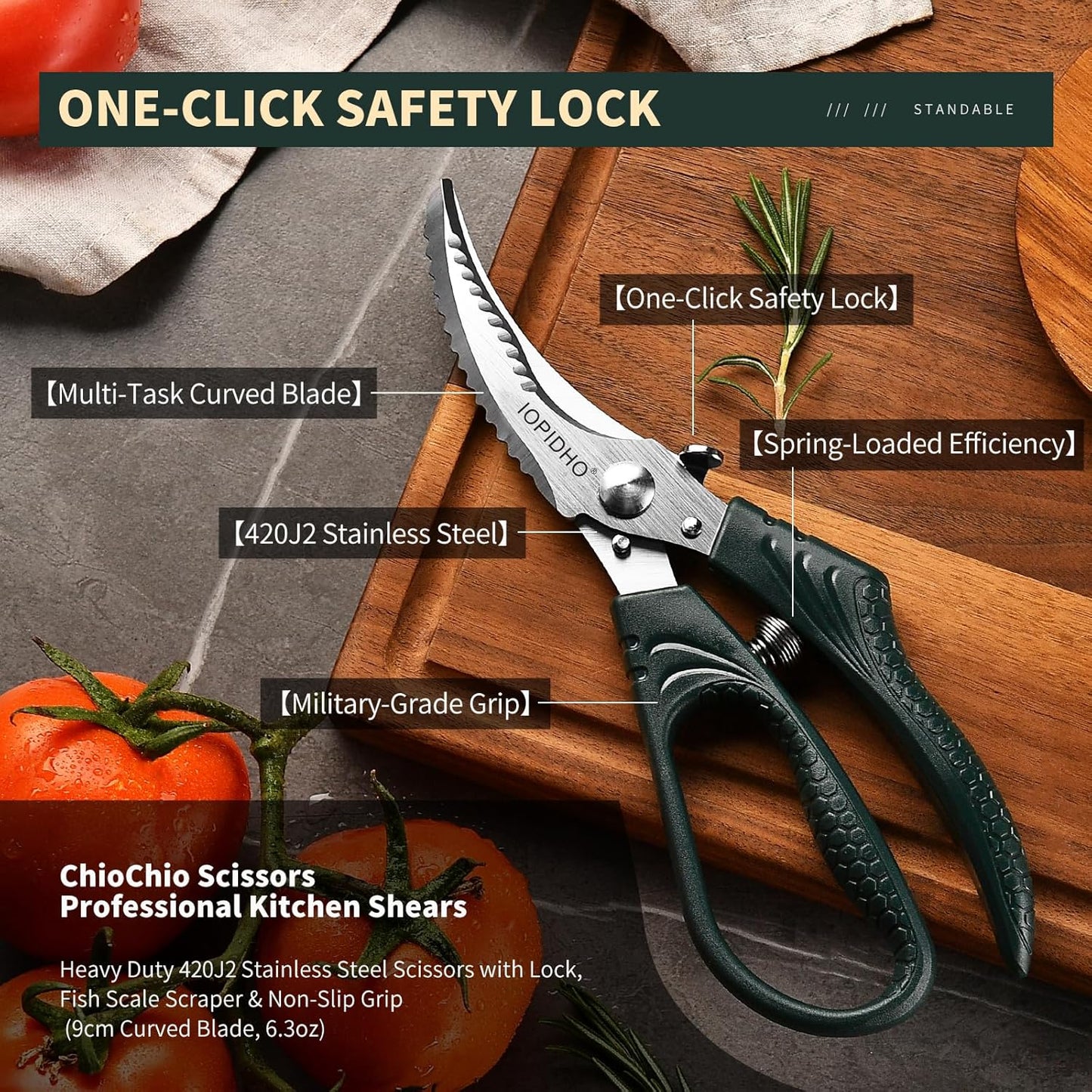 Heavy Duty Poultry Shears, Kitchen Shears with Non-Slip Handle & Safety Lock, All Purpose Kitchen Scissors for Chicken, Meat Cutting, Turkey, Fish, Vegetables, Spring Loaded, Dishwasher Safe