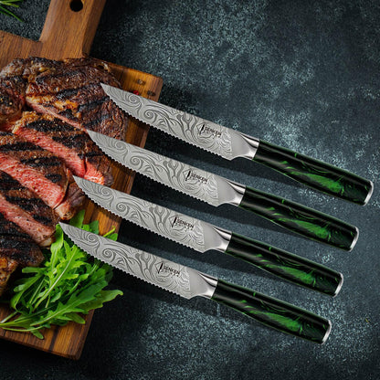 SENKEN 8-piece Engraved Japanese Kitchen Knife Set & Beautiful Green Resin Epoxy Handles - Wasabi Collection - Chef's Knife, Santoku, Cleaver, Paring, & More