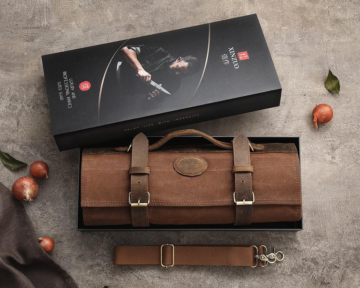 XINZUO Chef Knife Roll Bag Professional,16oz Waxed Canvas and Crazy Horse Leather,12 Slots Plus 2 Zipper Pockets,Adjustable Shoulder Strap-Travel Tool Roll Pouch(Bag Only)