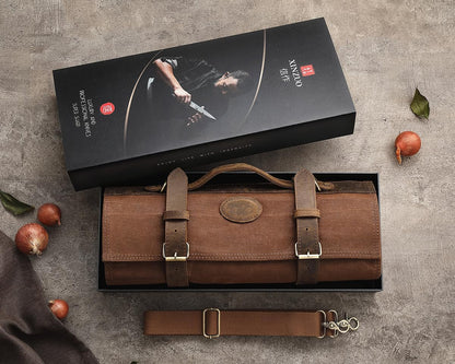 XINZUO Chef Knife Roll Bag Professional,16oz Waxed Canvas and Crazy Horse Leather,12 Slots Plus 2 Zipper Pockets,Adjustable Shoulder Strap-Travel Tool Roll Pouch(Bag Only)