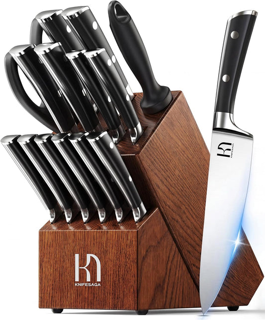 KnifeSaga Knife Set 15 Pcs High Carbon Stainless Steel Kitchen Knife Sets with Block & Sharpener, Premium Razor-Sharp Black Knives Block Set for Kitchen, Ergonomic Full-Tang Handle