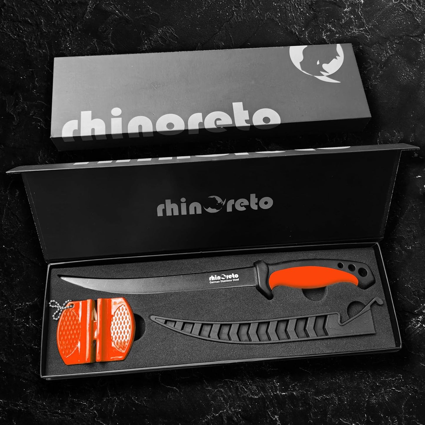 Rhinoreto Fillet Knife for Fish - Razor Sharp G4116 German Stainless Steel Blade, 6.5 Inch Professional Filleting & Boning Knife with Non-Slip Handle, Protective Sheath & Sharpener