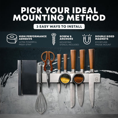 16" Magnetic Knife Holder for Wall with 2x Storage - Safe, Patented Design - Stainless Steel Knife Magnetic Strip, Under Cabinet Knives Storage - Magnet Strip Rack Kitchen Utensil Organizer