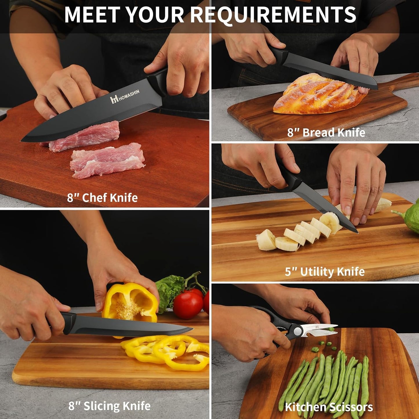 Knife Set - 6 Piece Knife Block Set, Knives Set for Kitchen Scissors With Compact Holder, No Stick Sharp Chef Knife, Razor Sharp Ergonomic Handle Design (Khaki)