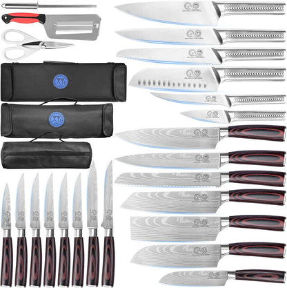 XYJ Kitchen Knife Block Set,Stainless Steel Knives Set with Magnetic Knife Block,Scissors,Gloves,Honing Steel,Japanese Style Paring Boning Steak Slicing Santoku Chef Knives,Resin Handle