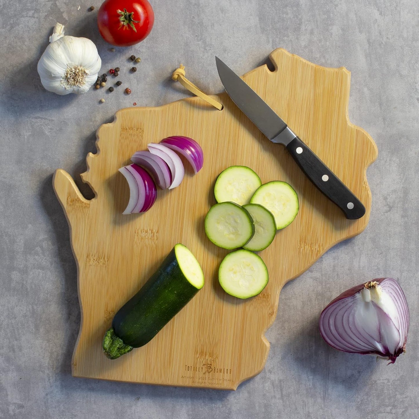 Totally Bamboo North Carolina State Shaped Cutting Board and Charcuterie Serving Platter with Artwork by Summer Stokes, Includes Hang Tie for Wall Display 18" x 8" x 5/8" - Colors B