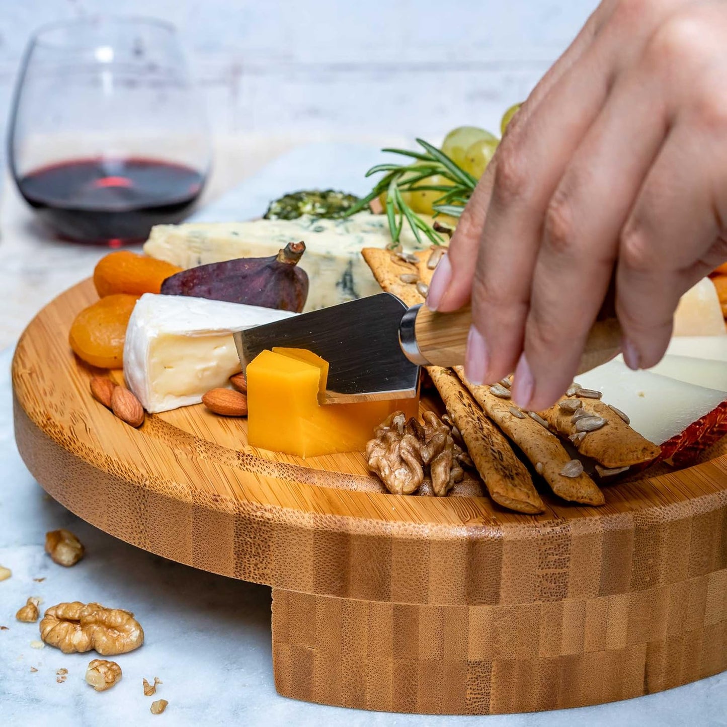 Bamboo Cheese Board and Knife Set 14x11 inch – Wood Cheese Cutting Board, Serving Tray Platter, Charcuterie Board Set with 4 Cheese Knives – BlauKe®