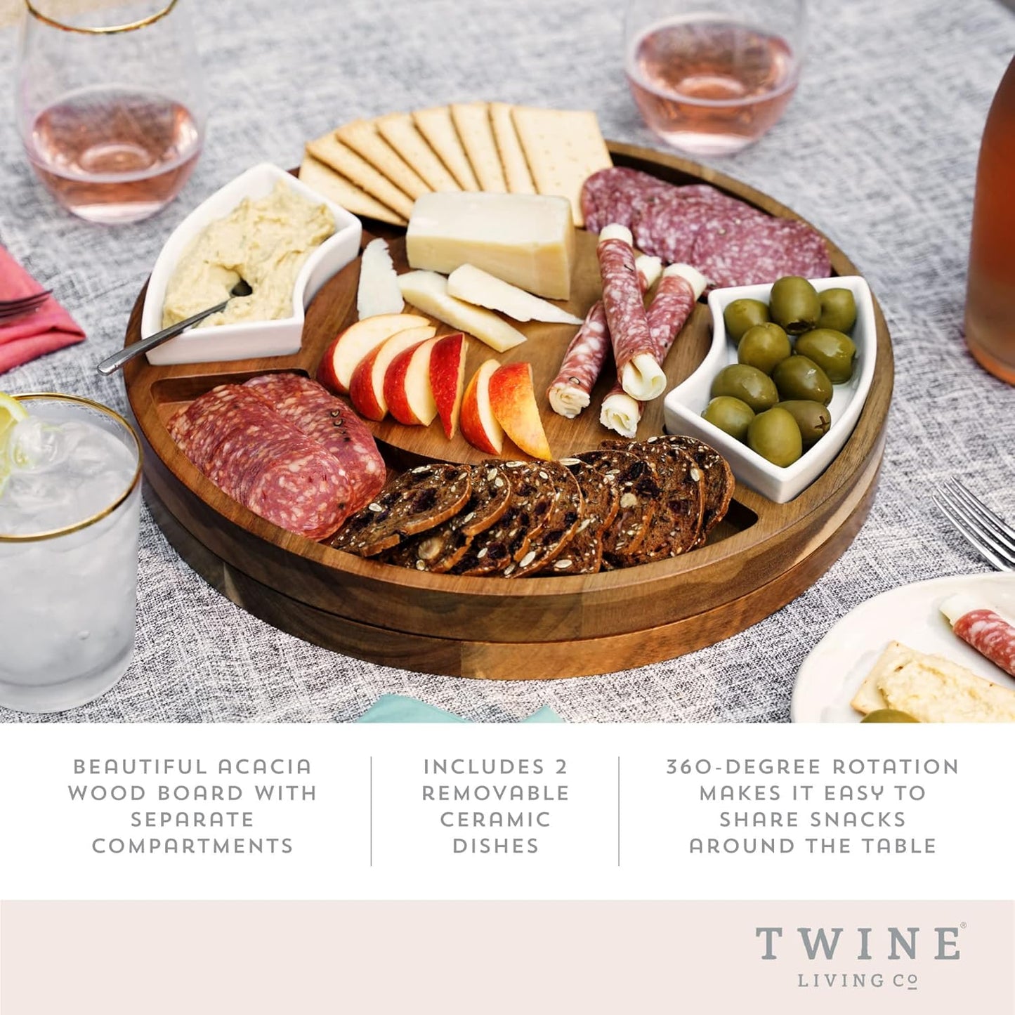 Twine Acacia Cheese Board and Knife Set, Footed Cheese Snack Tray and Cheese Knives Set Cooking Accessories, 16inch Diameter