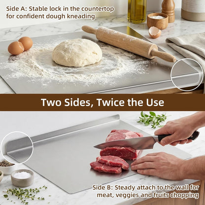 Stainless Steel Cutting Board with Lip, 16 x 12 Inches Kitchen Chopping Board for Countertop, Double-Sided Food-Grade Metal Cutting Board, L-Shaped Edge Chopping Mat for Kitchen Prep & Baking
