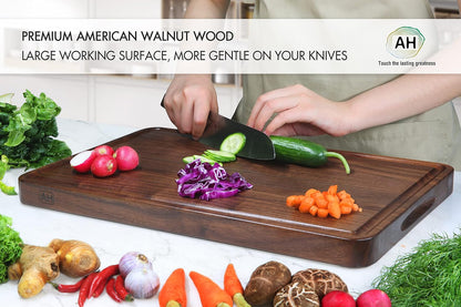 AZRHOM Large End Grain Walnut Wood Cutting Board 17x13x1.5 in Thick Butcher Block for Kitchen with Non-slip Mats Juice Groove & Handles (Gift Box)