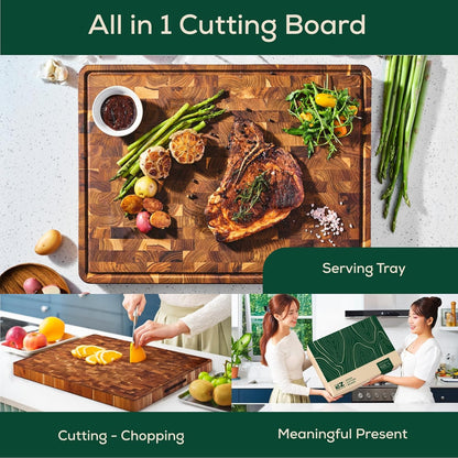 Combo 2 Extra Teak Wood Cutting Board, End Grain & Edge Grain with Juice Groove and Handles, Knife Friendly, Reversible, Suitable for Chopping Meat, Vegetables, Aesthetics for The Kitchen