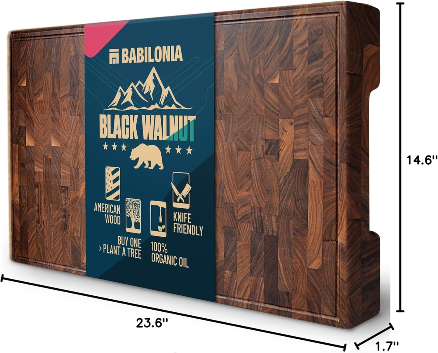 Extra Large Black Walnut End Grain Cutting Board 24 x 15 x 1.7 Inch, Butcher Block with Juice Groove & Handles, Reversible Charcuterie & Chopping Board, Non Toxic Wooden Board with Oil & Plate