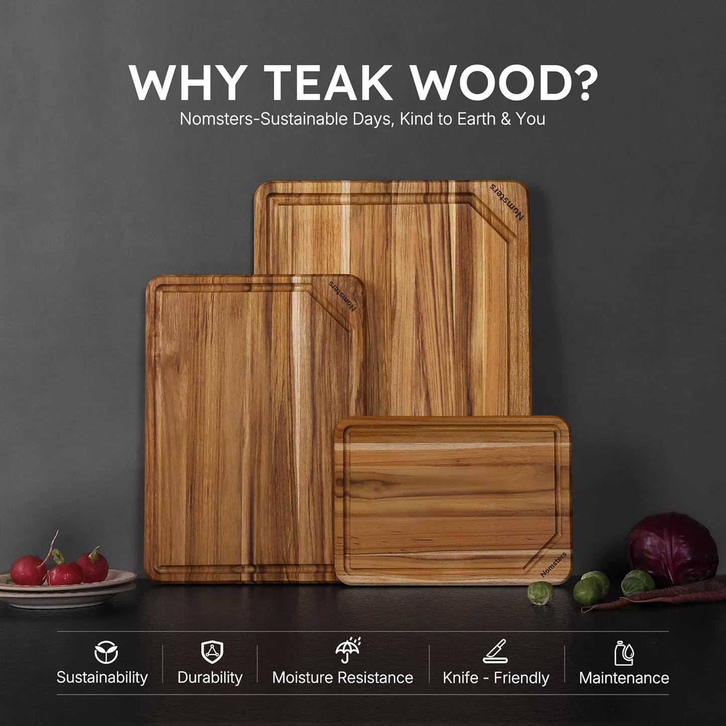 3 Pack Teak Wood Cutting Board Set for Kitchen Charcuterie Board Serving Heavy Duty Non Toxic Slip Hardwood Over Sink Solid Thick Haus Wooden Chopping Board Large Big Small Meat Best Essential Gift