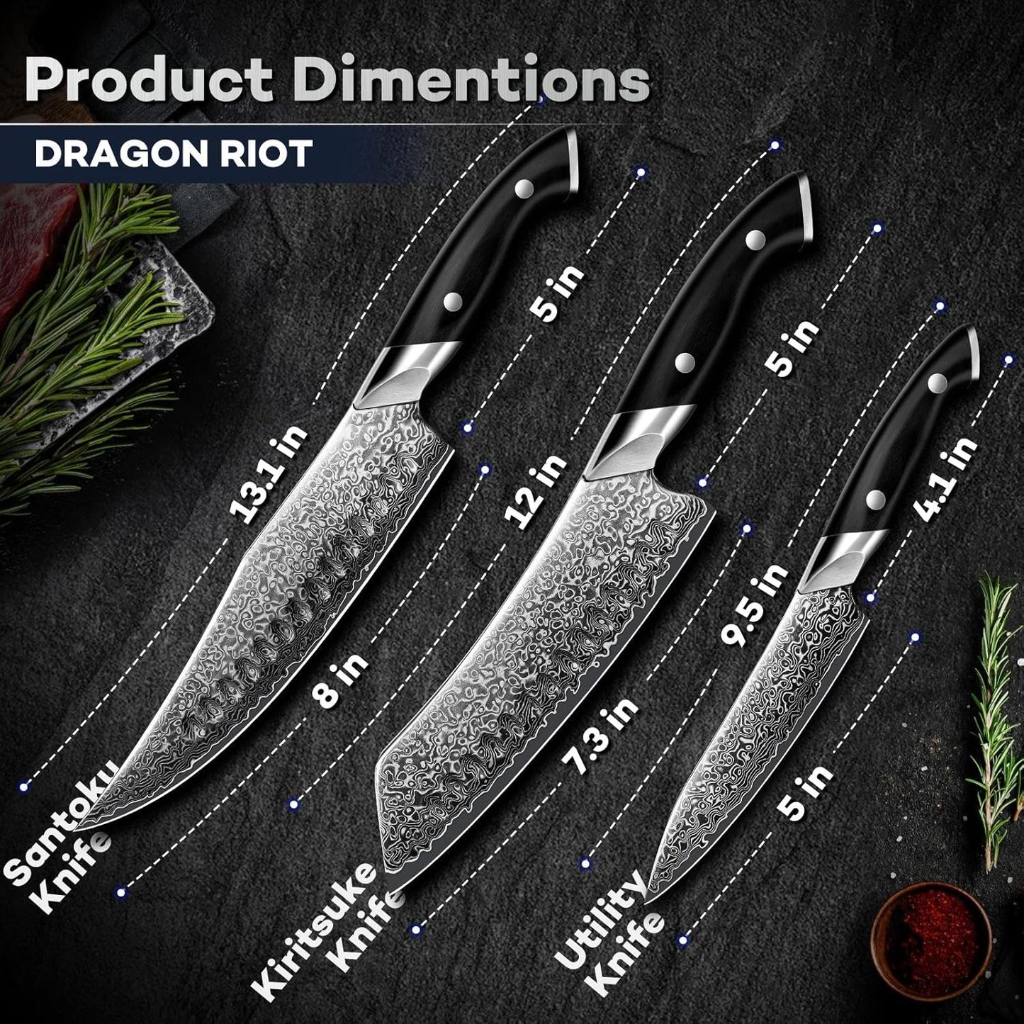 DRAGON RIOT Japanese Chef Knife Set 3Pcs, VG10 Steel Japanese Razor-Sharp Kitchen Knives Set with Gift Box