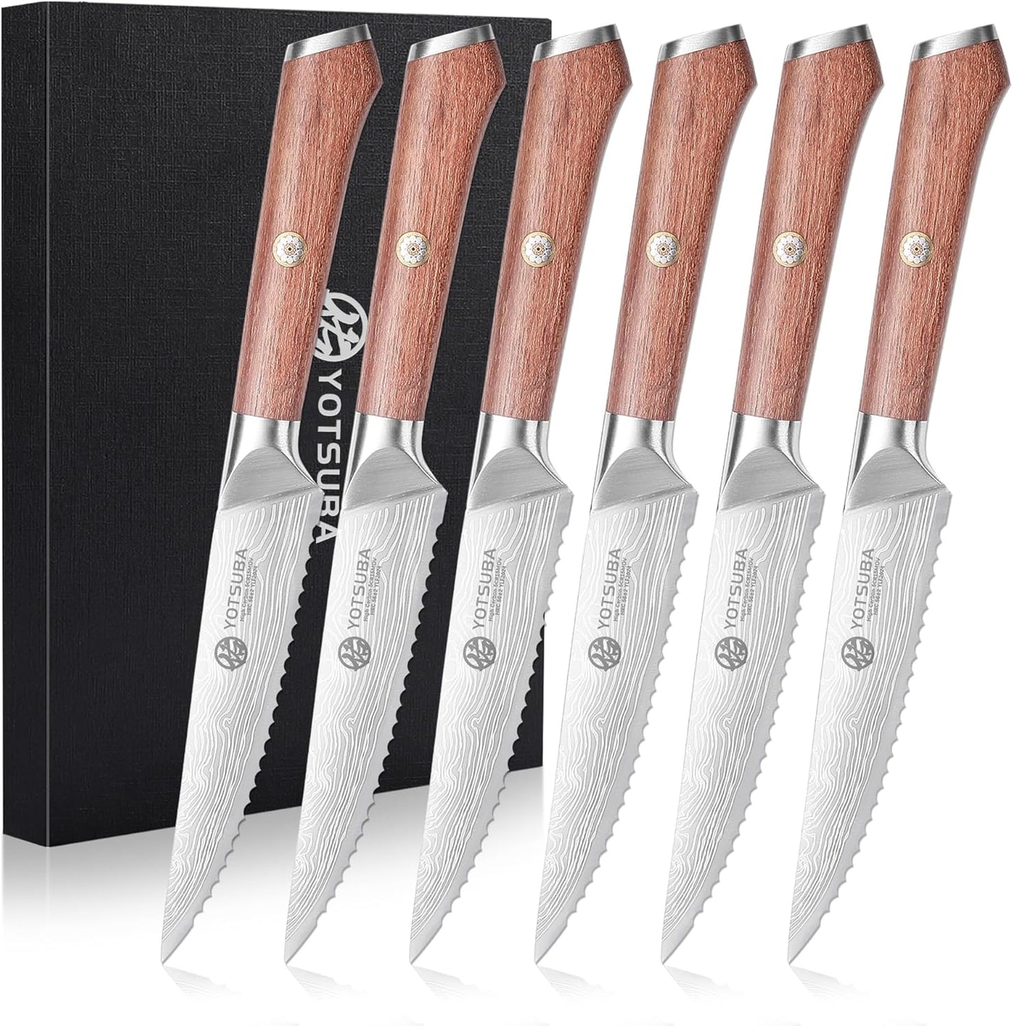 YOTSUBA Steak Knives Set of 6, Razor-Sharp 4.5 Inch Japanese Serrated Steak Knife Set, Full Tang Forged High Carbon Steel Dinner Knives with Ergonomic Handle and Gift Box