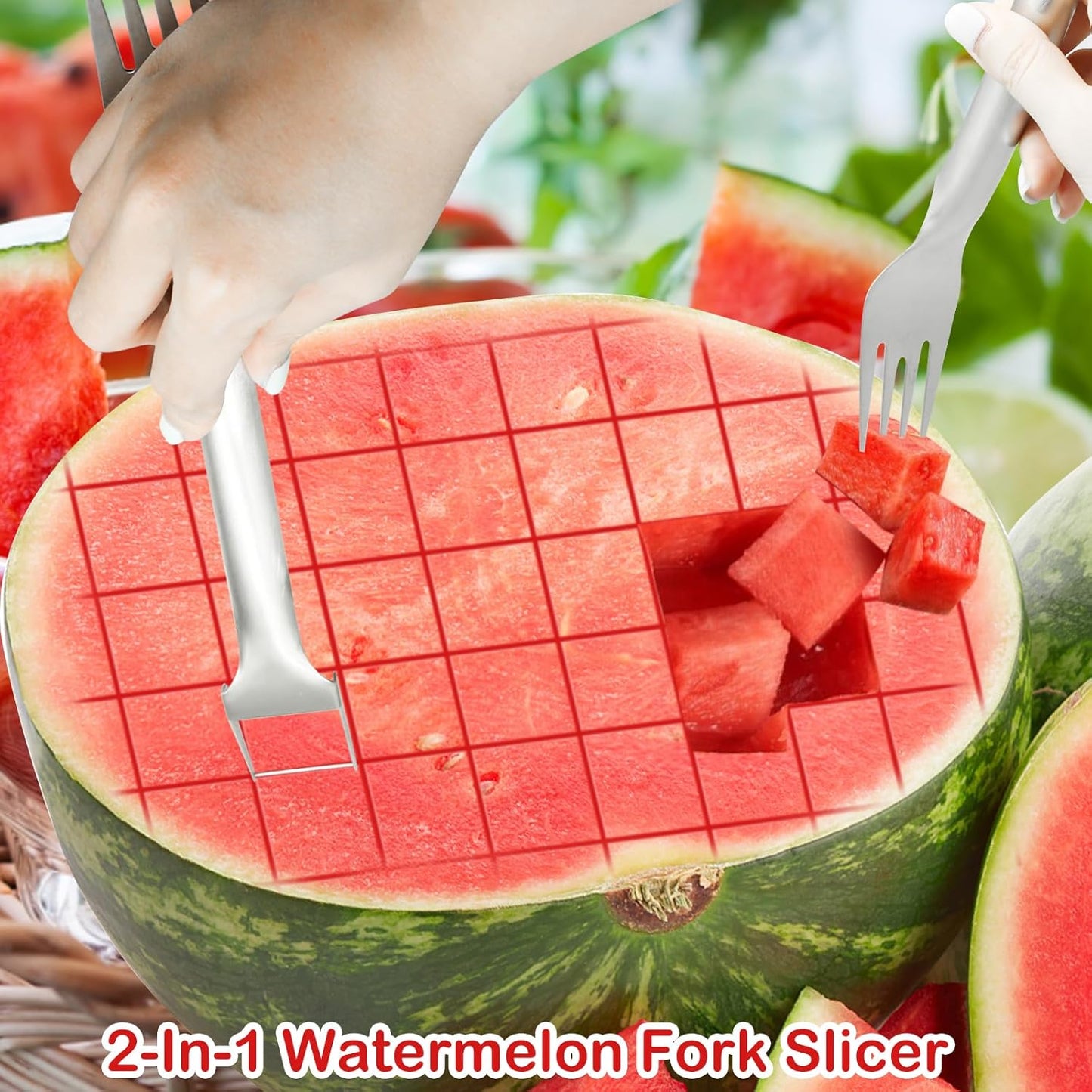 2Pcs Watermelon Fork Slicer Cutter, Stainless Steel 2-in-1 Watermelon Fork Slicer, Portable Watermelon Fork Watermelon Cutter Slicer Tool Fruit Forks Slicer for Home Party Camping Kitchen Gadget