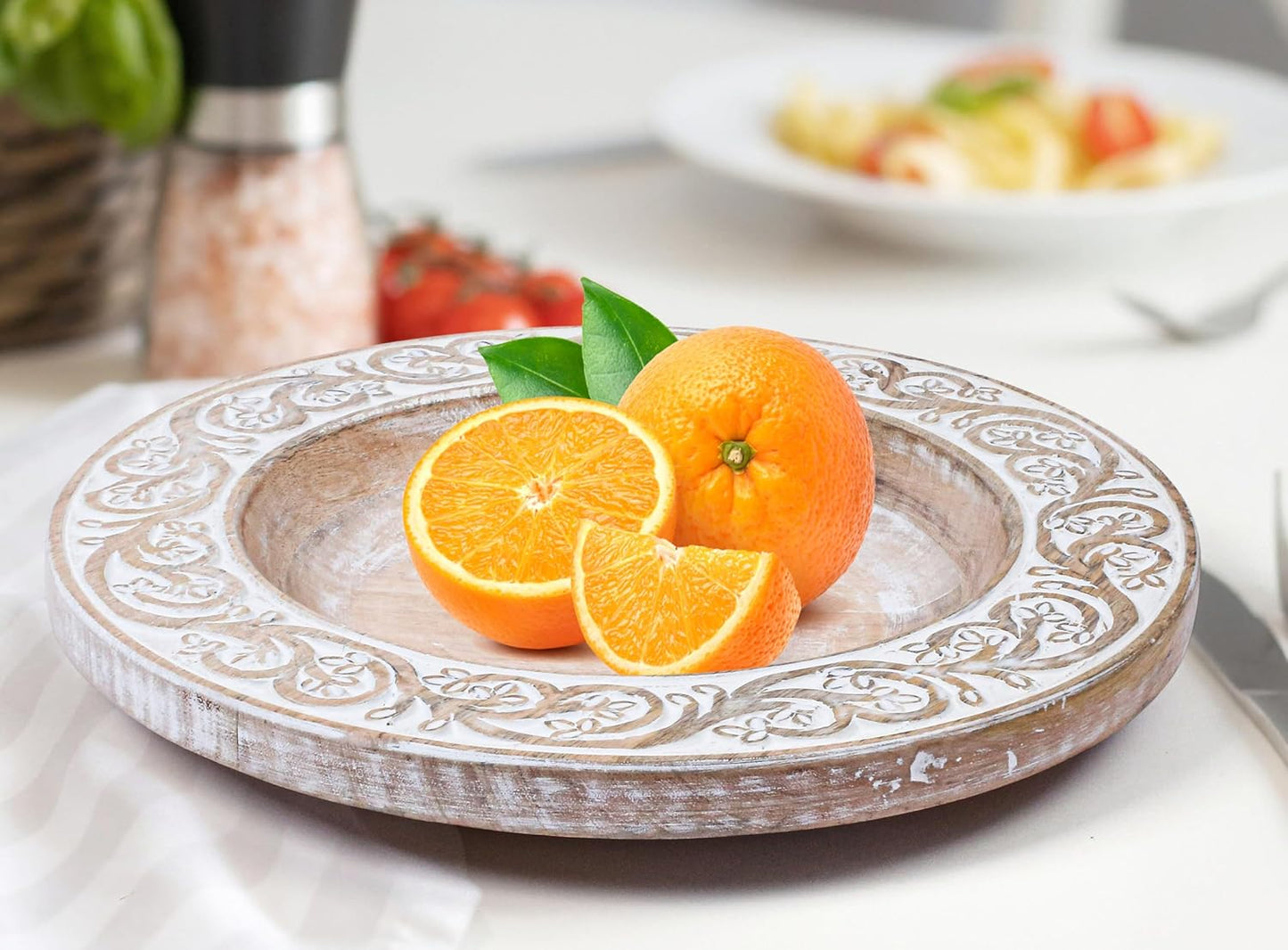 Mango Carving Wood Round Platters for Ottoman or Side Table, Charcuterie Board or Cheese Platter for Living Room (13" x 13" x 2" - White Wash)