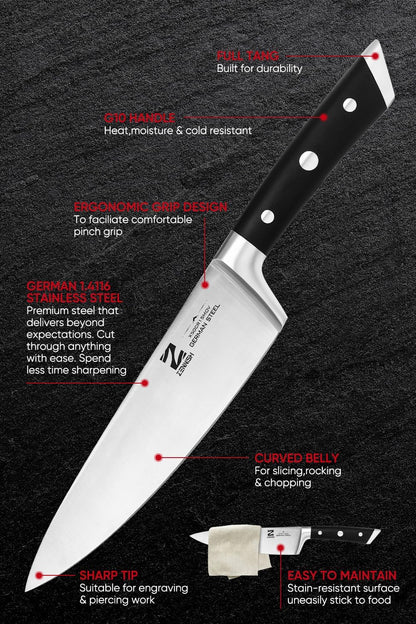 【Exclusive】 Gyuto Knife, 8 Inch Japanese Chef Knife, Handmade Forged 5-Layer VG10 High Carbon Steel, Hammered Finish Rust-Resistant Blade, Ergonomic Sandalwood G10 Handle Kitchen Knife with Gift Box