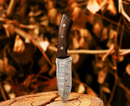 Fixed Blade Damascus Steel Hunting Knife with Leather Sheath, 9'' Full Tang Hunting Skinning,Non-Slip Wooden Handle,Camping Knife (VENGI)