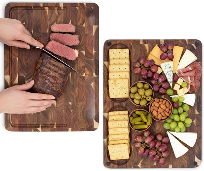 Evergreen End Grain Acacia Wood Cutting Board for Kitchen | Large 16x12.4x1.5" Butcher Block with Juice Groove & Non-Slip Feet | 2in1 Charcuterie Board, Non-Toxic, Gift Box
