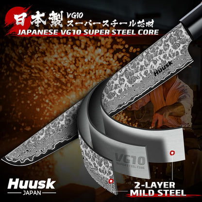 Huusk Japanese Kitchen Knife Set - 3pcs Hand Forged VG10 Damascus Meat Cleaver Boning Knife for Meat Cutting, Nakiri Vegetable Knives, Gyuto Chef Knives Set for Cooking, Kitchen Gifts for Men