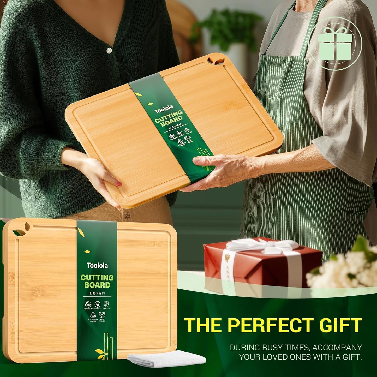 Bamboo Cutting Boards for Kitchen with Holder & Silicone Mat, Lightweight & Knife-Friendly Wood Cutting Board Set with Side Handles and Juice Grooves, Natural