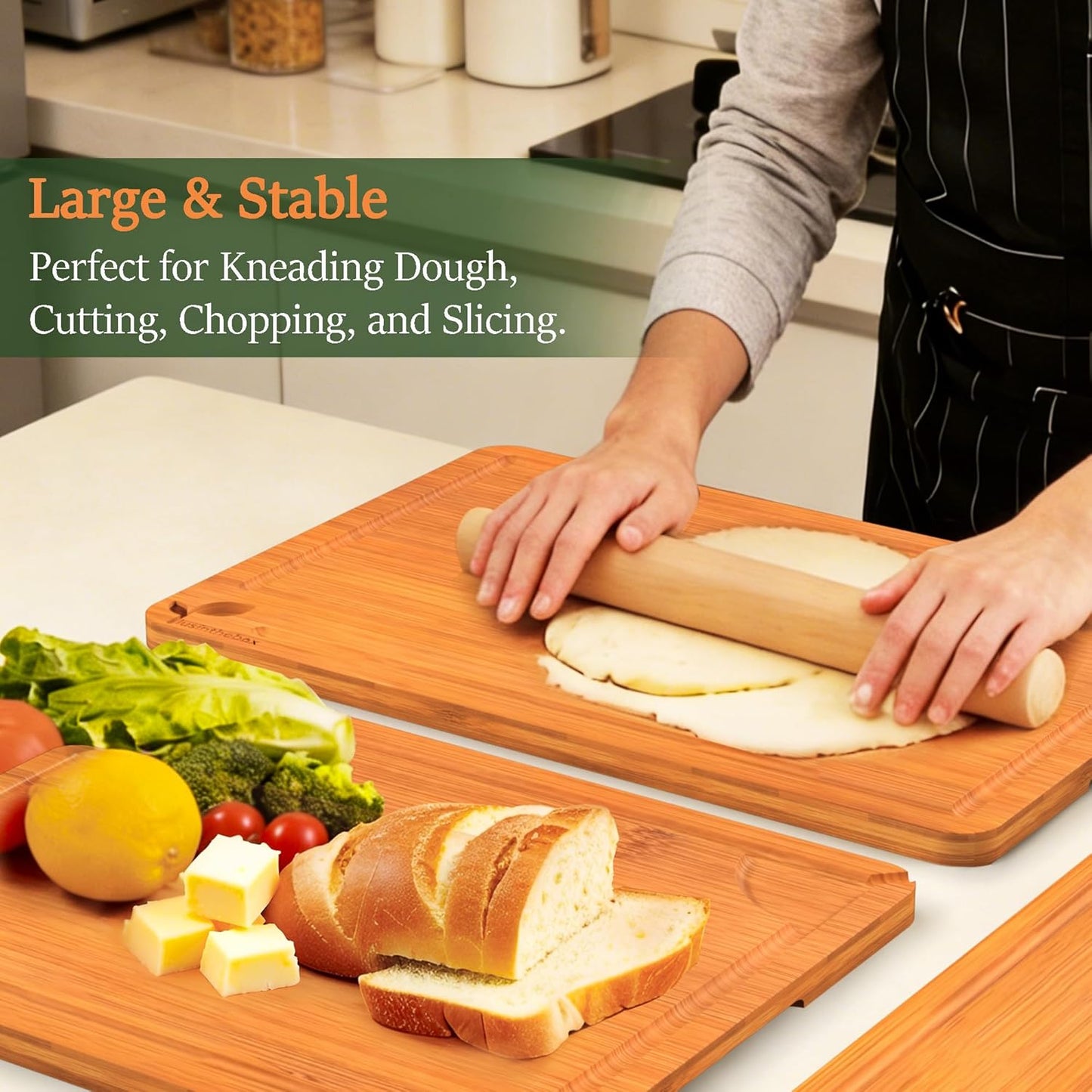 Cutting Boards for Kitchen, Bamboo Cutting Board Set of 3 with Storage Stand, Deep Carbonized Chopping Boards with Deep Juice Grooves and Side Handles for Meat, Vegetables, Fruit and Meal Prep