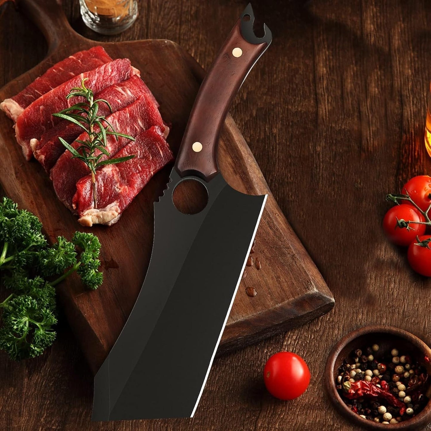 Dream Reach Meat Cleaver, 6.9 inch Black Boning Knife, High Carbon Steel Sharp Kitchen Forged In Fire Knife with Sheath Gift Box Bottle Opener for Outdoor Camping, Christmas Gifts for Men Women