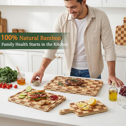 Cutting Board,Heavy Duty Cutting Board Set of 3 with Stand,End Grain Butcher Block Cutting Boards for Kitchen with Juice Grooves and Handles for Meat, Cheese, Charcuterie and Serving