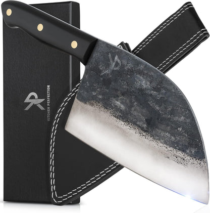 Kitchen perfection Handmade Meat Cleaver Knife for Meat Cutting - Professional 7" Serbian Chef Knife - Made of High Carbon Steel - Hand Sharpen Butcher Knife with Canvas Sheath, Unique Gifts for Men