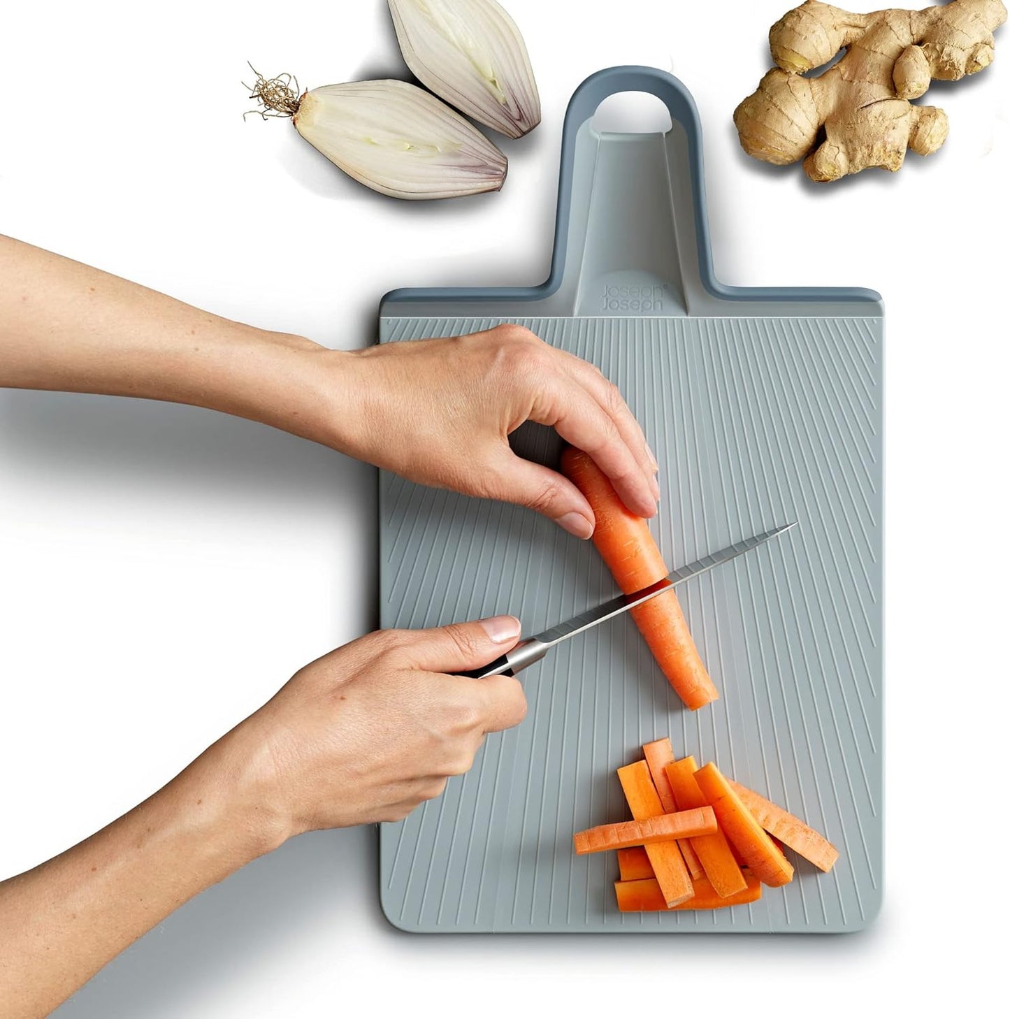 Joseph Joseph Chop2Pot Plus Foldable Plastic Cutting Boards, Easy Grip Handle, Non Slip Feet, Blue