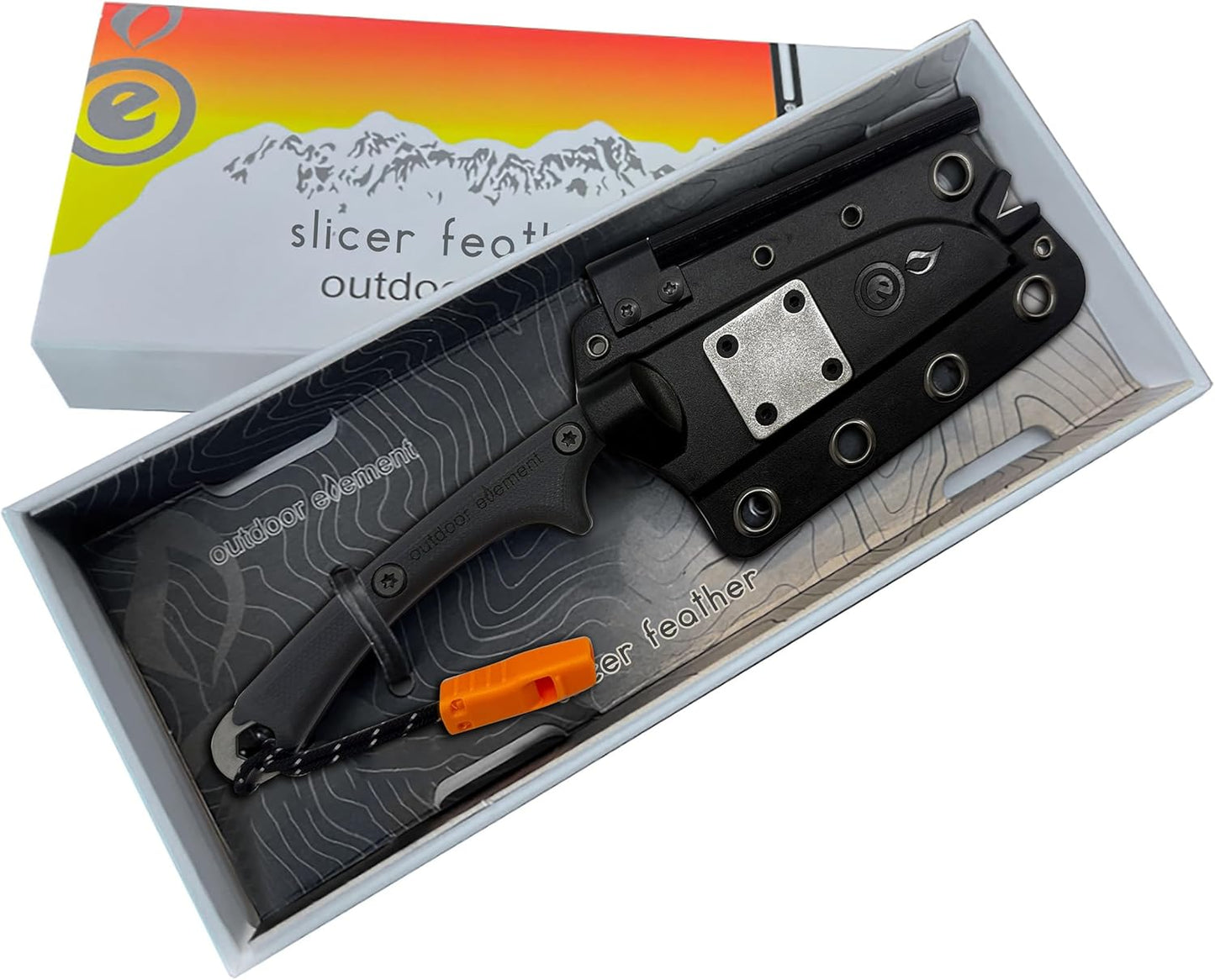 Scout Feather Glow - Fixed Blade Survival Knife with built-in Firestarter for Camping, Hunting, Outdoor Adventure and Culinary Need - VG10 Blade, Whistle, Knife Sharpener, Compact Sheath & G10 Handle