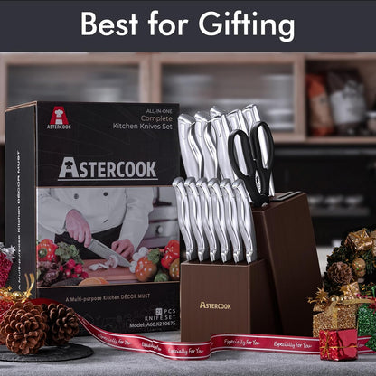 Knife Set, Astercook 21 Pieces Kitchen Knife Set with Built-in Sharpener, German Stainless Steel Knife Block Set, Razor-Sharp Knives with Full-tang Handle, Dishwasher Safe, Silver