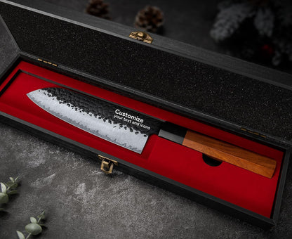 FAMCüTE Japanese Knife Block Set, Hand Forged 5-Layer 9CR18MOV Clad Steel Ultra Sharp Kitchen Knives with Wooden Storage & Rosewood Handle, Includes Chef, Santoku, Nakiri, Fruit Knife for Home Mom/Dad