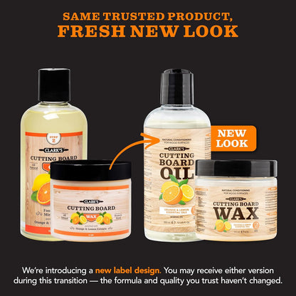 CLARK'S Food Grade Mineral Oil (12oz) and Carnauba Wax (6oz) Set - 100% Natural Butcher Block Oil and Cutting Board Wax - Food Safe Beeswax and Wood Cutting Board Oil with Orange & Lemon Extract