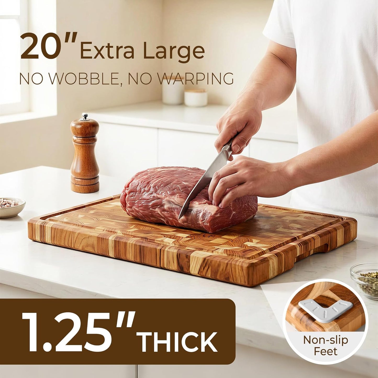 Teak Wood Cutting Boards for Kitchen 20'' Extra Large Butcher Block End Grain Wooden Cutting Board with Juice Groove & Handle Heavy Duty Chopping Charcuterie Board Non Toxic Slip Serving KnifeFriendly