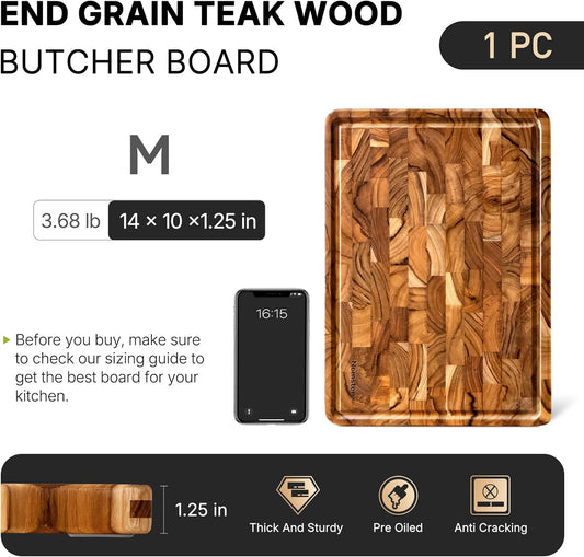 Teak Wood End Grain Cutting Board for Kitchen with Non-slip Feet, Heavy Duty Checkered Cutting Board Upgraded Chopping Board with Juice Groove & Handle Large Wooden Butcher Block with Gift Box