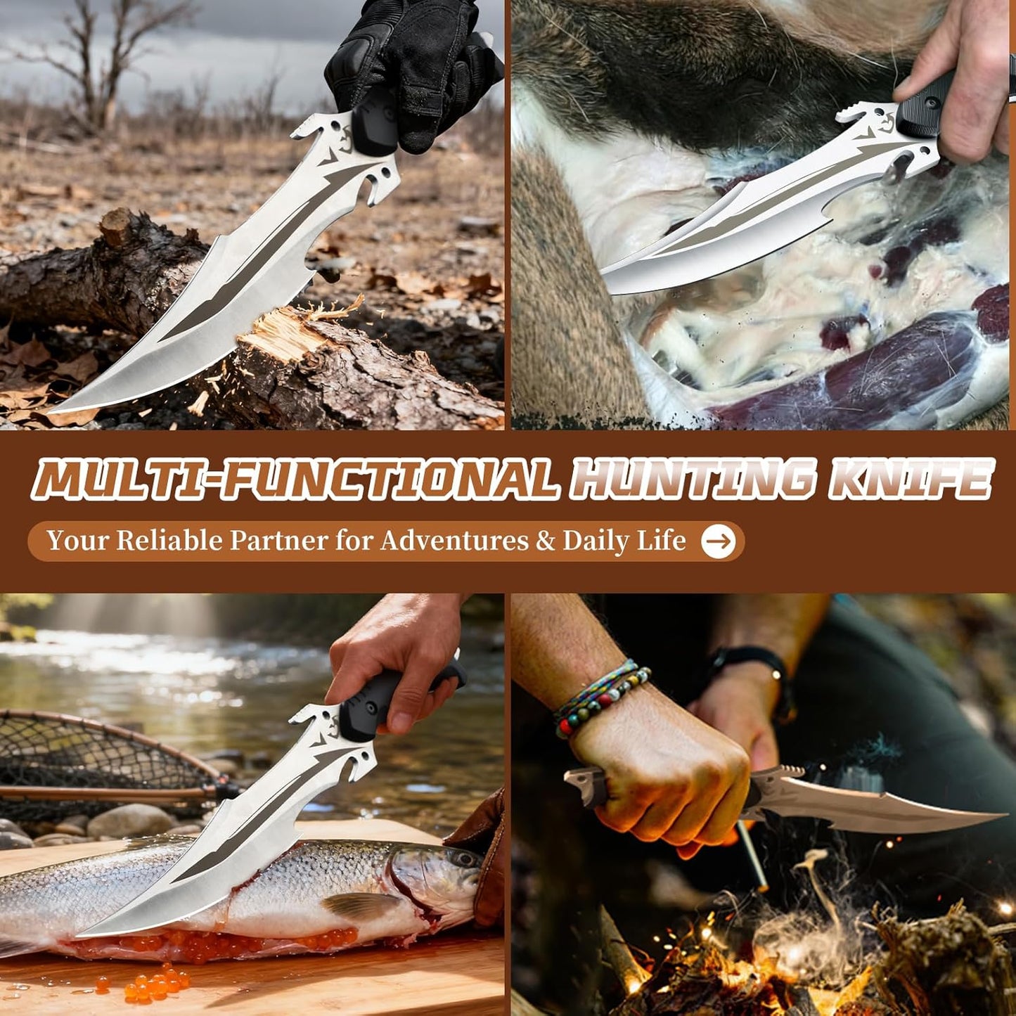 Purple Dragon Camping Fixed Blade Knife with Sheath,6 Inch Outdoor Knife Full Tang 440C Steel Bushcraft Knives with Redwood Handle-Outdoor Gear Christmas Gift for Men and Women Black