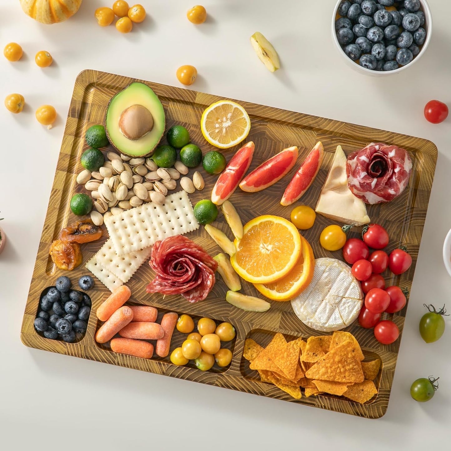 THETCHRY Teak Wood Cutting Boards for Kitchen, Large Charcuterie Board with Handle, 1" Thick Butcher Block, End Grain Cutting Board, Reversible Wooden Chopping Board for Meal Prep & Serving, 17"×13"